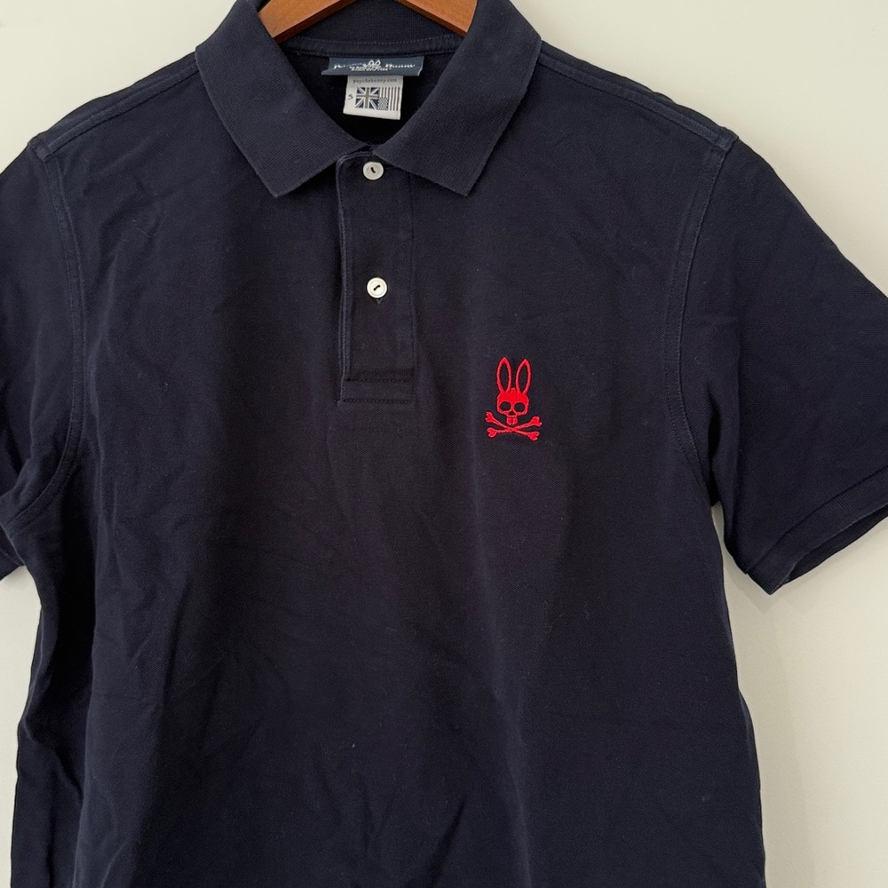 Psycho Bunny Navy Blue Polo Shirt Red Bunny Emblem Men's Size S Like New